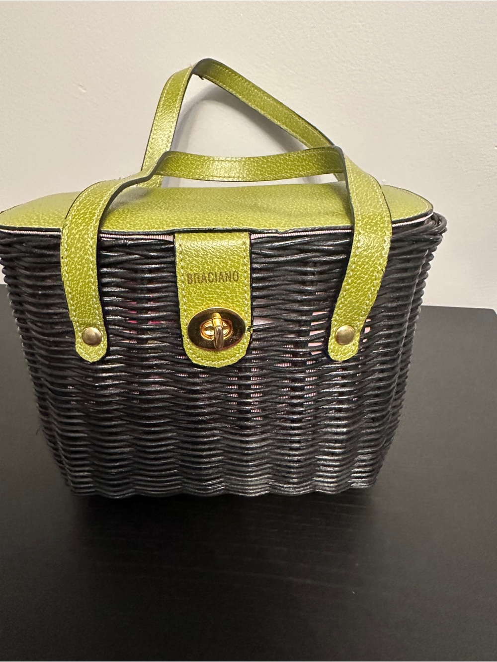 Braciano Wicker Basket Handbag Black Green Pink Lined Turn Lock Purse